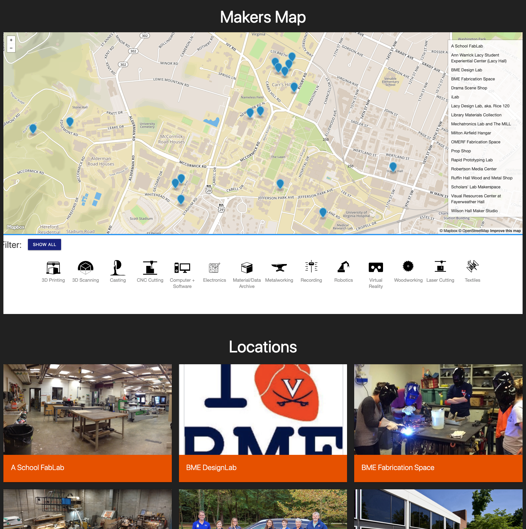 Images of spaces, shops, and labs at UVa.