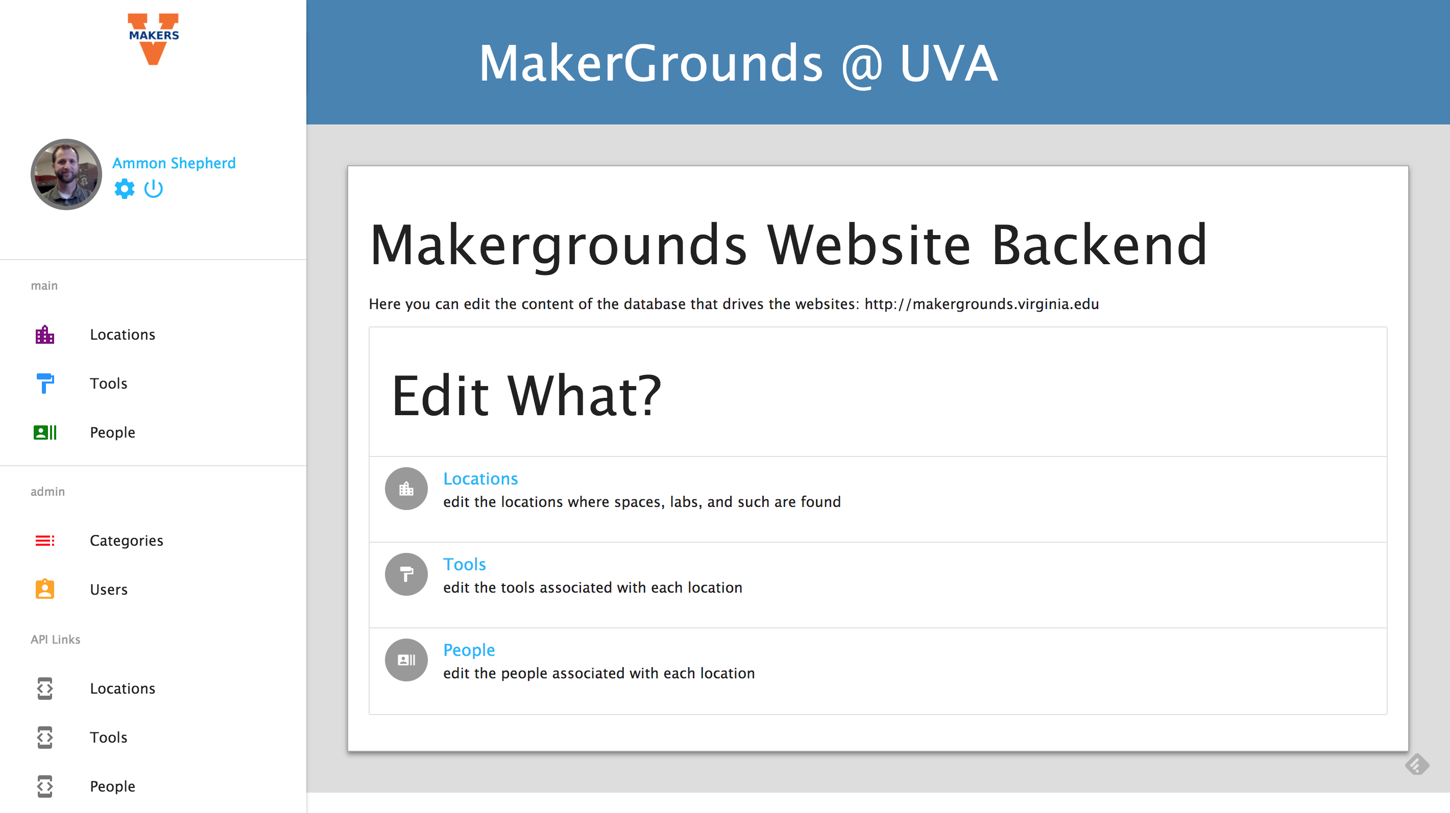 Image of the Makergrounds backend admin website.